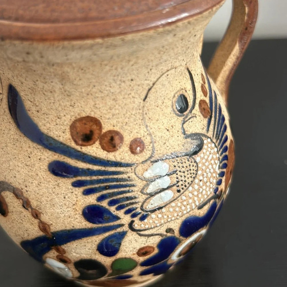Tonala Mexican  Pottery Folk Art With Lid Double Handle Floral Bird Design - Picture 4 of 14